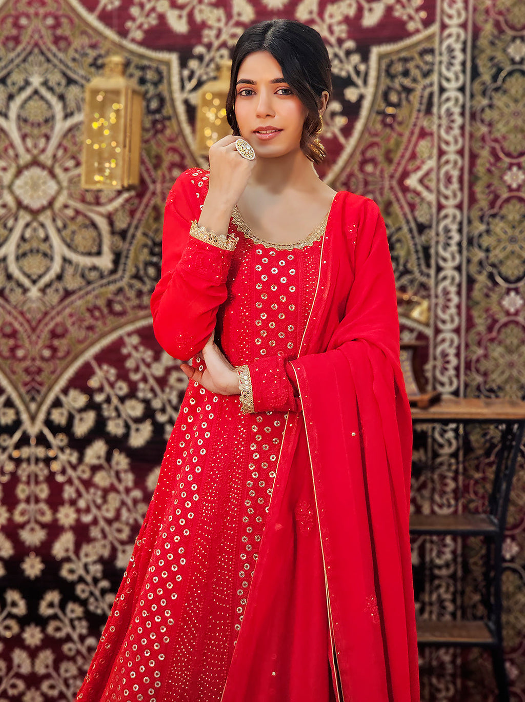 Flowy viscose anarkali with artisanal chikankari and mukaish handwork, paired with minimal accessories for ethnic charm


