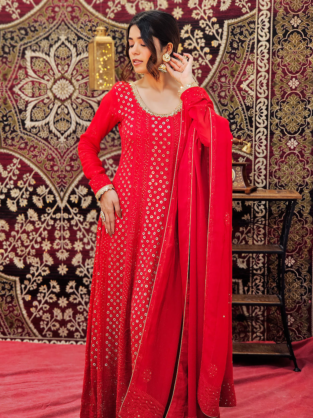 Side pose of model in luxe chikankari anarkali highlighting its structure and craftsmanship for festive styling

