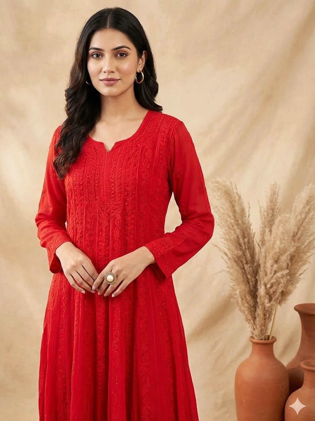 Hana Chikankari Anarkali - Red
