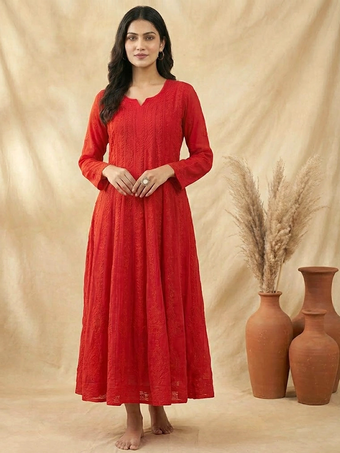 Hana Chikankari Anarkali - Red