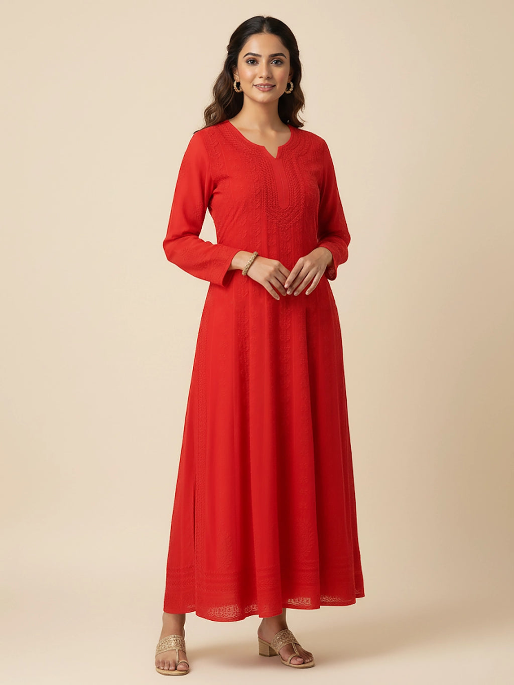 Red Hana Viscose Chikankari Anarkali