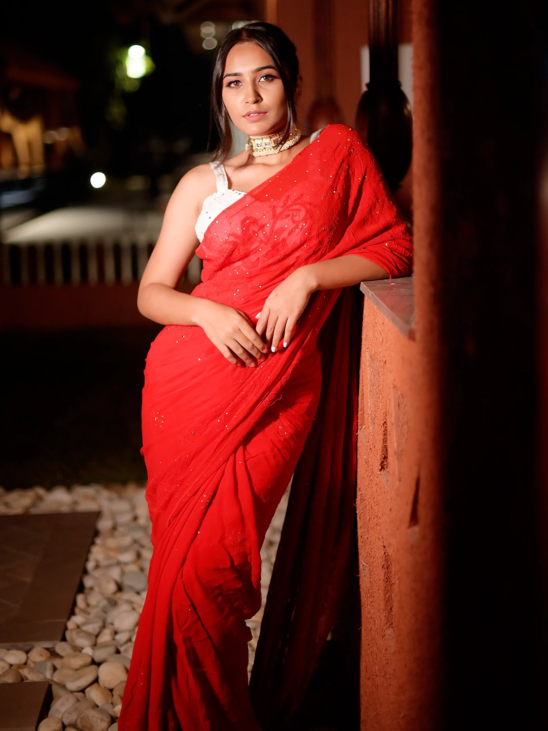 Red Heer Viscose Chikankari Embroidered Saree