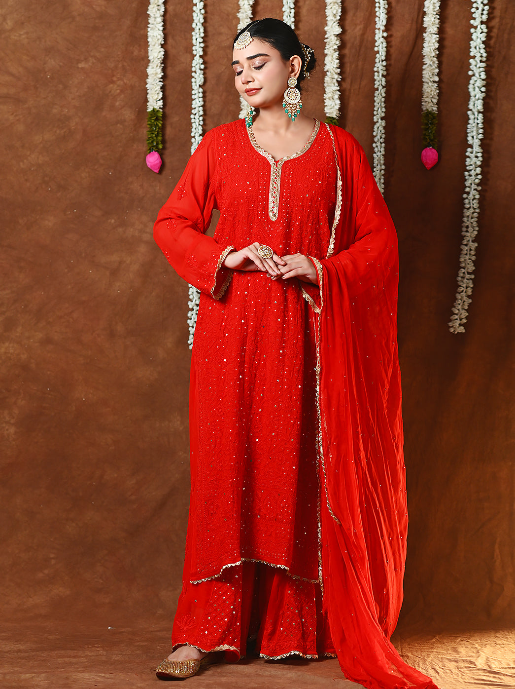 Red Mehr-E-Chaand Viscose Chikankari Kurta Set with All Over Mukaish Work