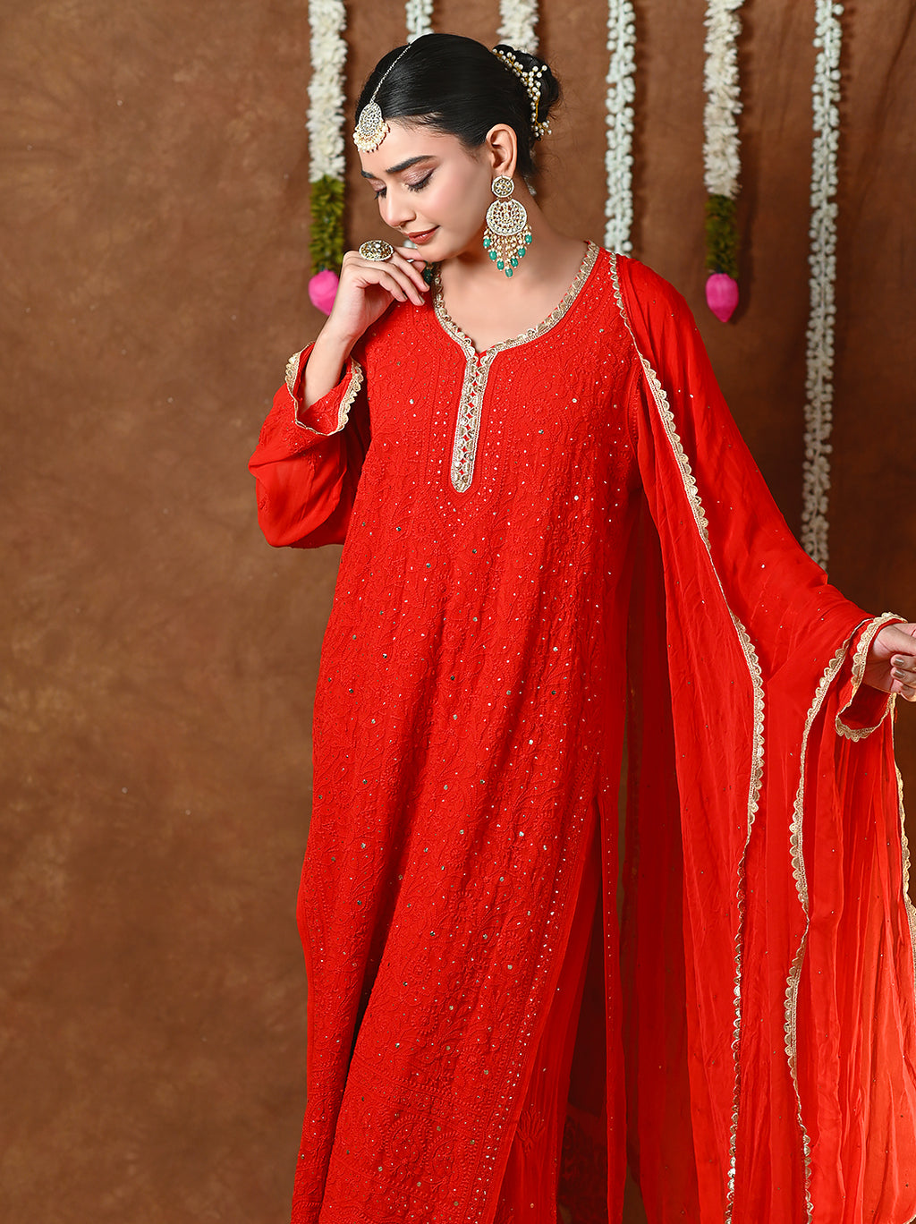 Red Mehr-E-Chaand Viscose Chikankari Kurta Set with All Over Mukaish Work