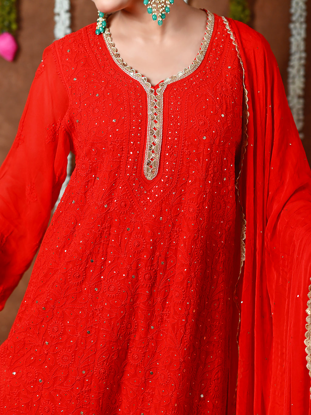 Red Mehr-E-Chaand Viscose Chikankari Kurta Set with All Over Mukaish Work