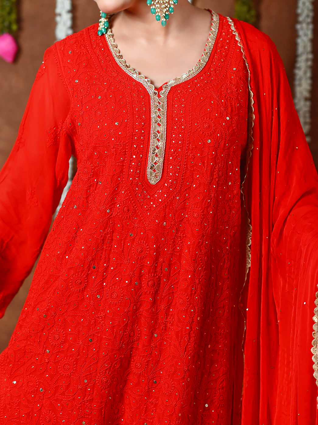 Red Mehr-E-Chaand Viscose Chikankari Kurta Set with All Over Mukaish Work