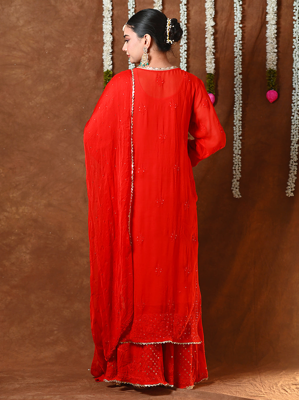 Red Mehr-E-Chaand Viscose Chikankari Kurta Set with All Over Mukaish Work