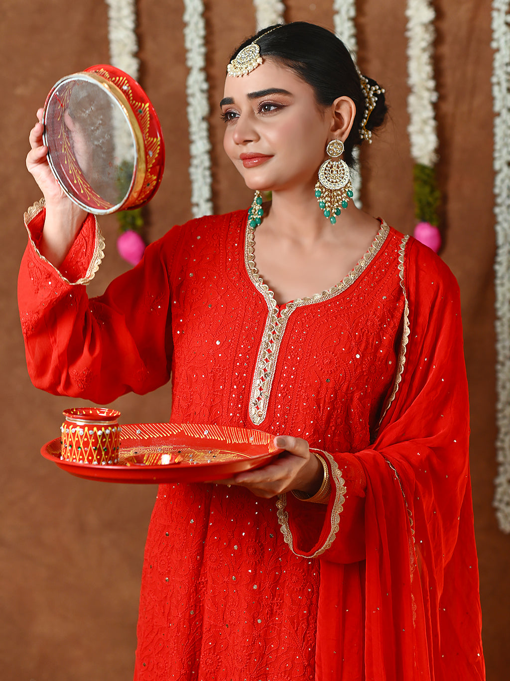 Red Mehr-E-Chaand Viscose Chikankari Kurta Set with All Over Mukaish Work