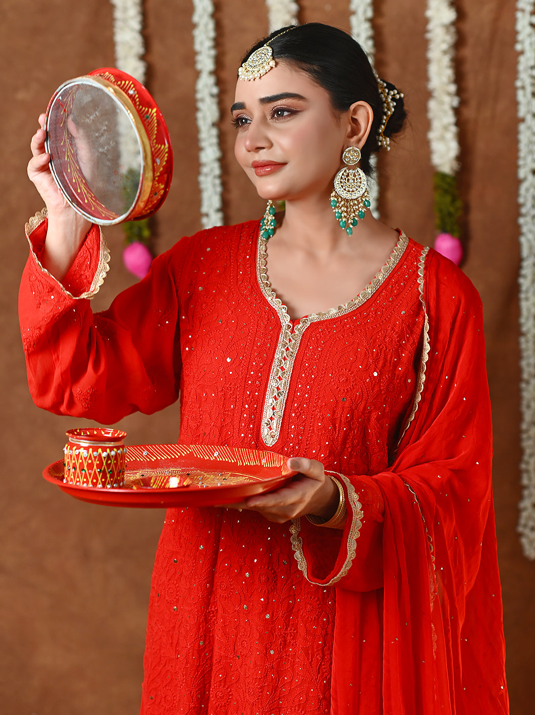 Red Mehr-E-Chaand Viscose Chikankari Kurta Set with All Over Mukaish Work