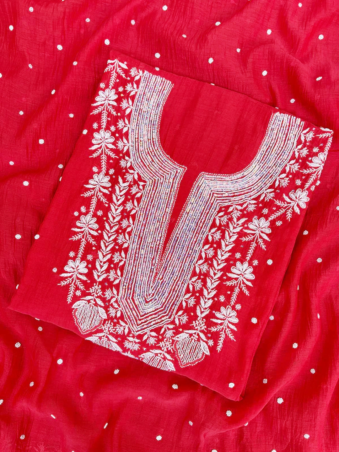 Red Mul Chanderi Chikankari Un-stitched Kurti Piece with Dupatta