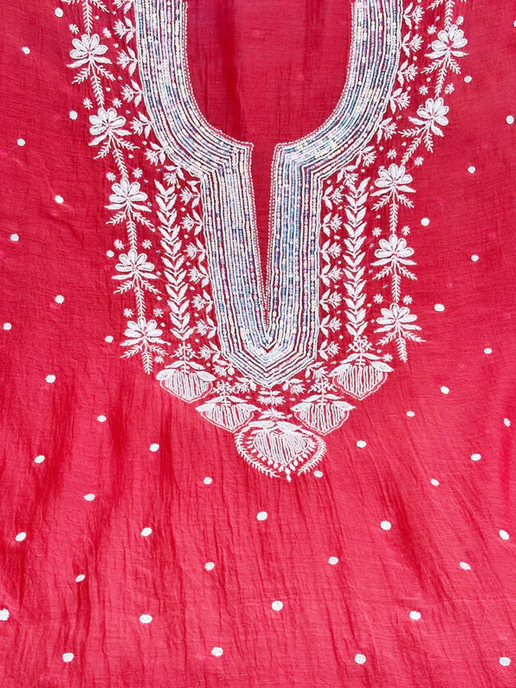 Red Mul Chanderi Chikankari Un-stitched Kurti Piece with Dupatta