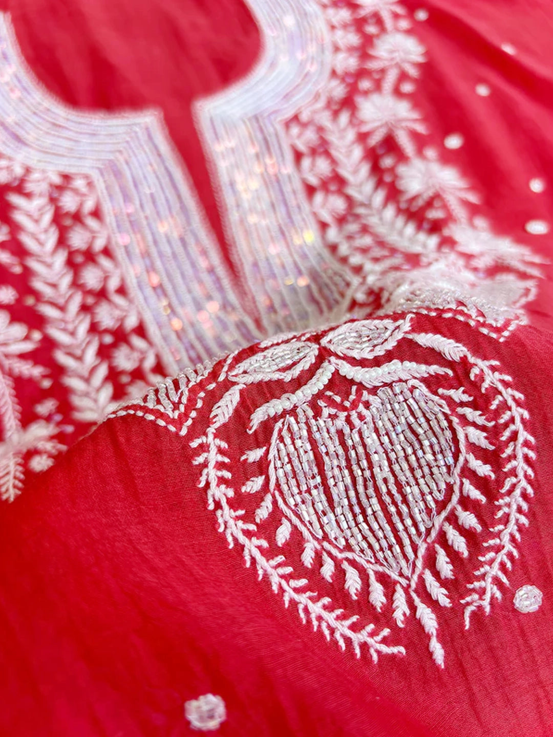 Red Mul Chanderi Chikankari Un-stitched Kurti Piece with Dupatta