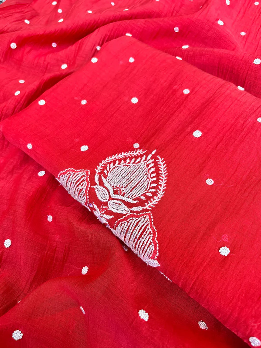 Red Mul Chanderi Chikankari Un-stitched Kurti Piece with Dupatta