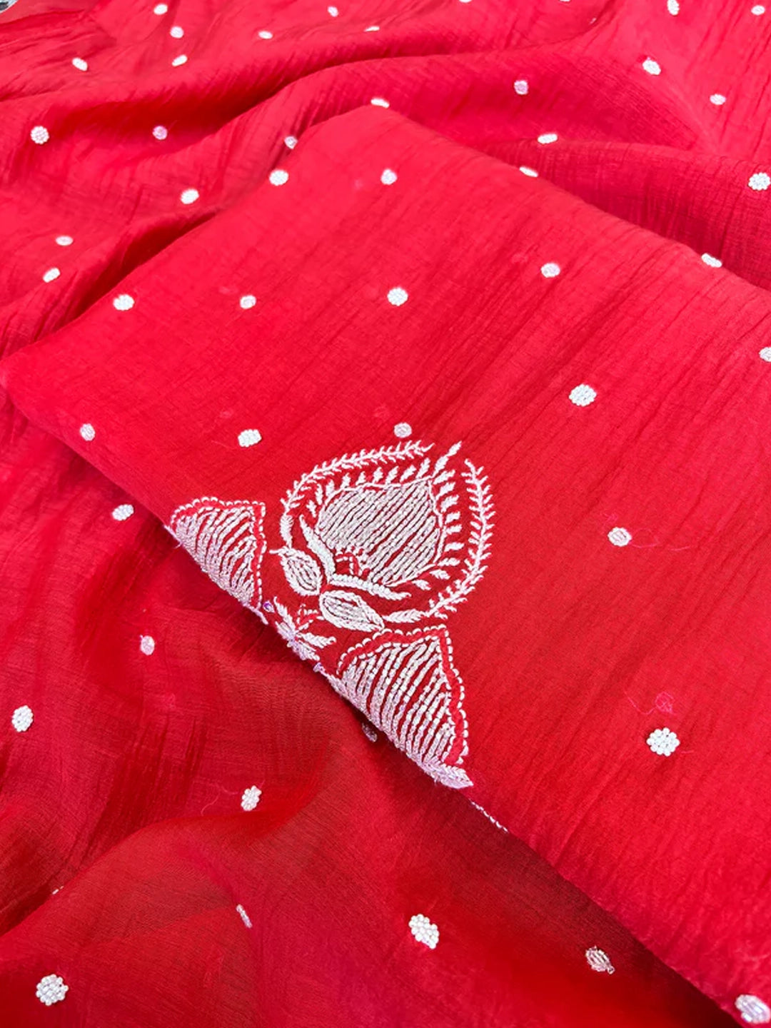 Red Mul Chanderi Chikankari Un-stitched Kurti Piece with Dupatta