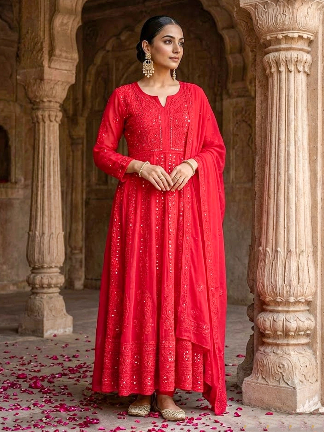 Naazni  Viscose Chikankari Anarkali with Dupatta - Red
