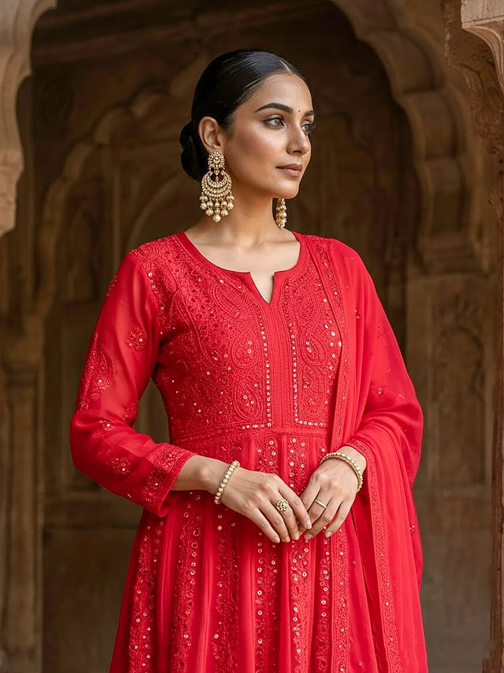 Red Naazni Chikankari Anarkali — front embroidery and sleeve detail
