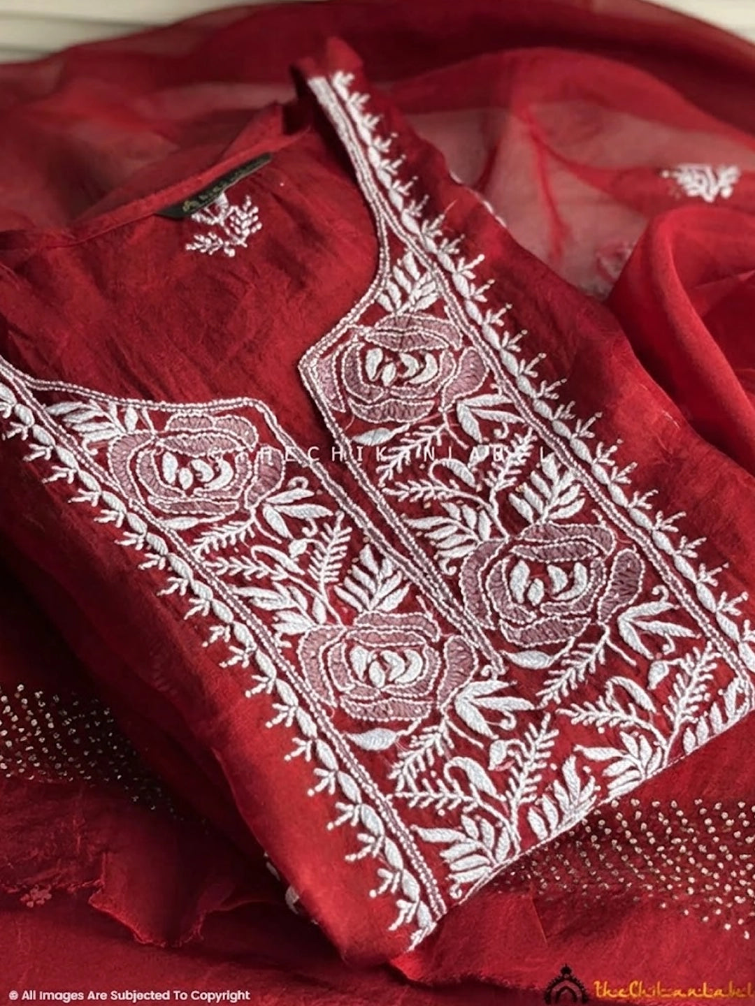 Safina Organza Chikankari Kurti Piece with Dupatta - Red