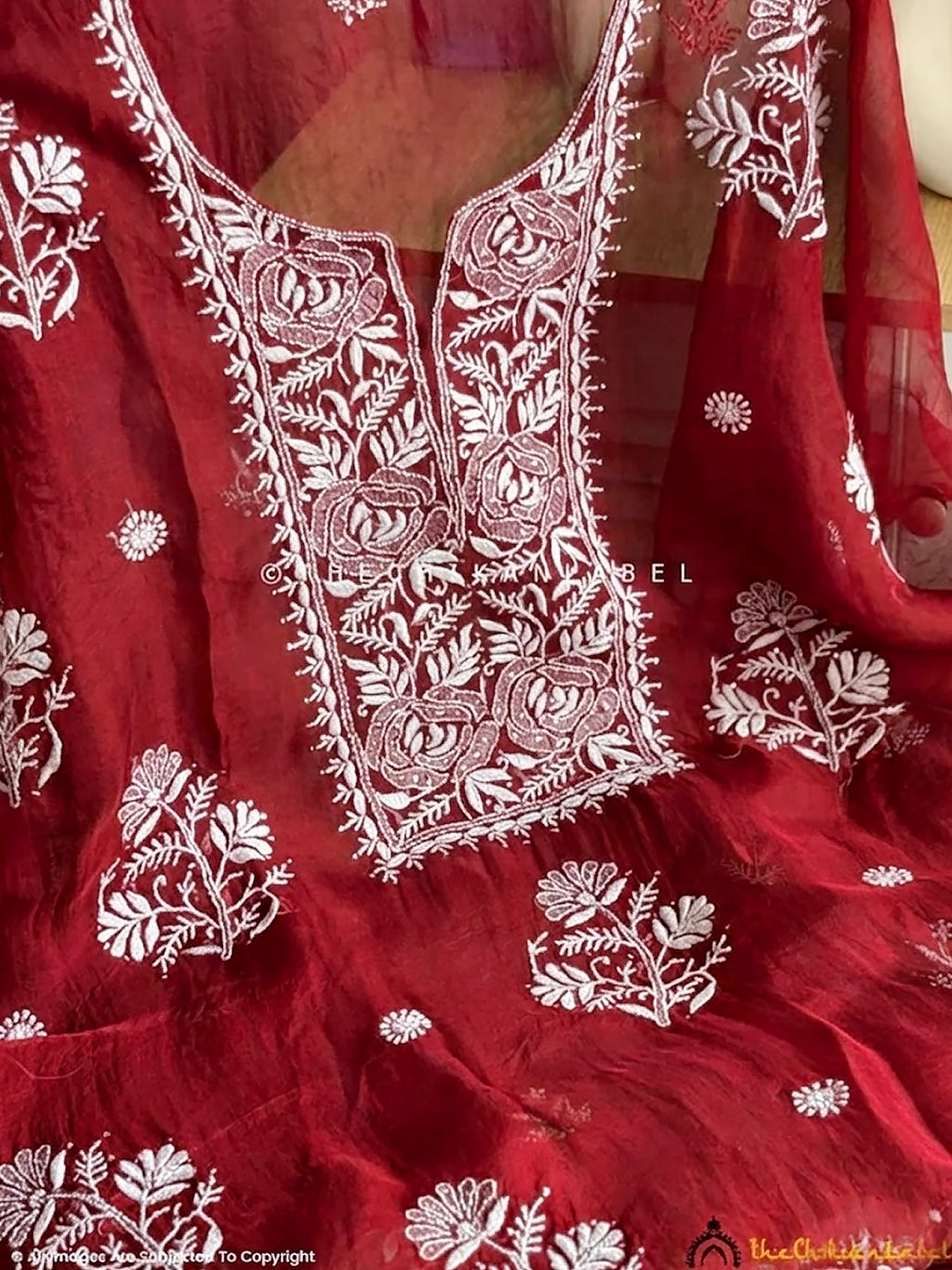 Safina Chikankari Kurti Piece with Dupatta - Red
