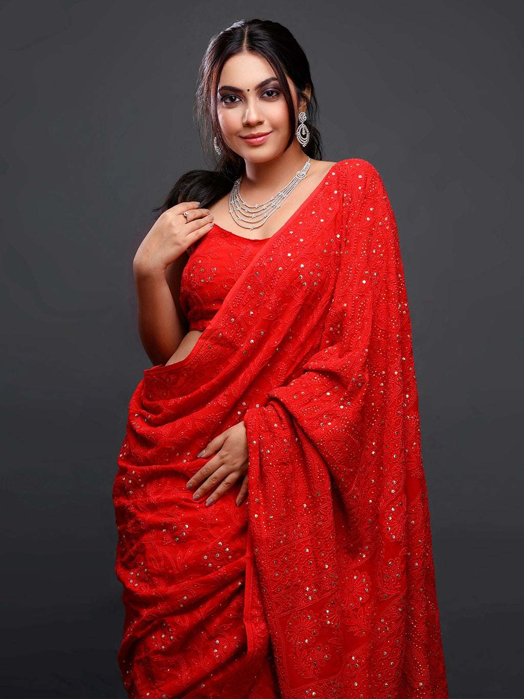 Reem Sameer Shaikh Red Viscose Chikankari Saree