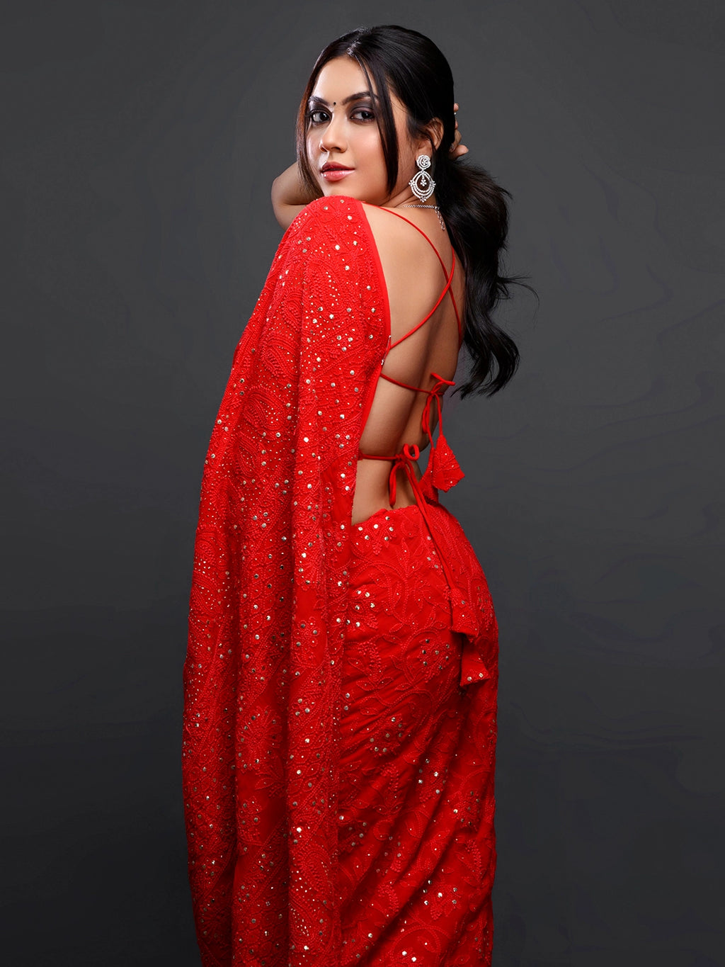 Reem Sameer Shaikh Red Viscose Chikankari Saree