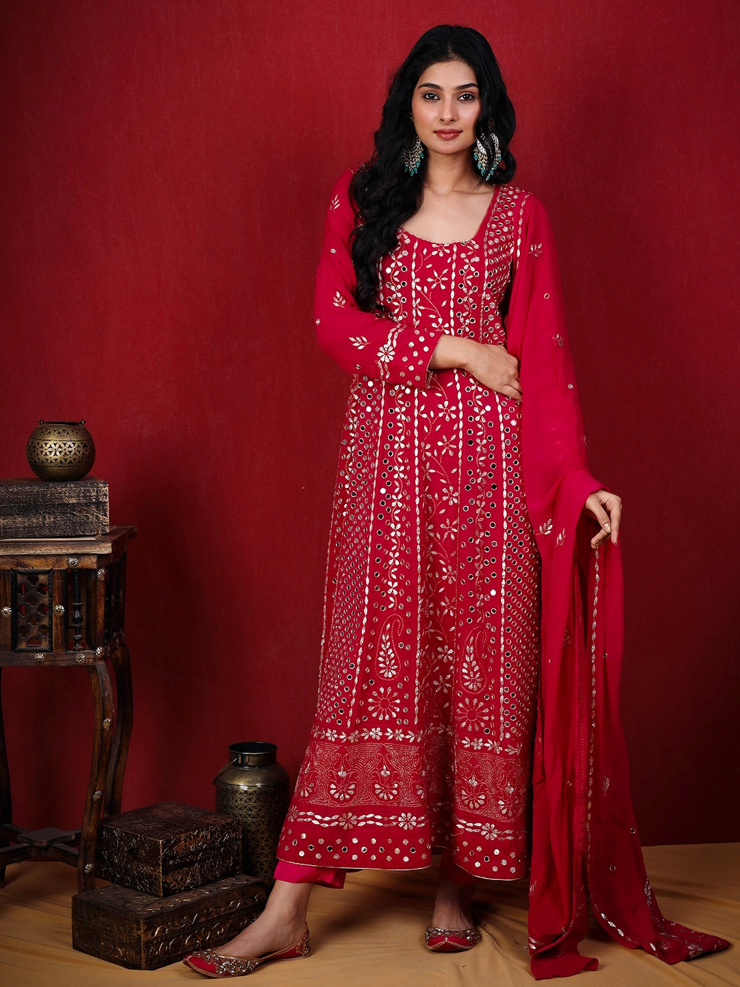 Red Sufiya Viscose Chikankari Anarkali with Dupatta