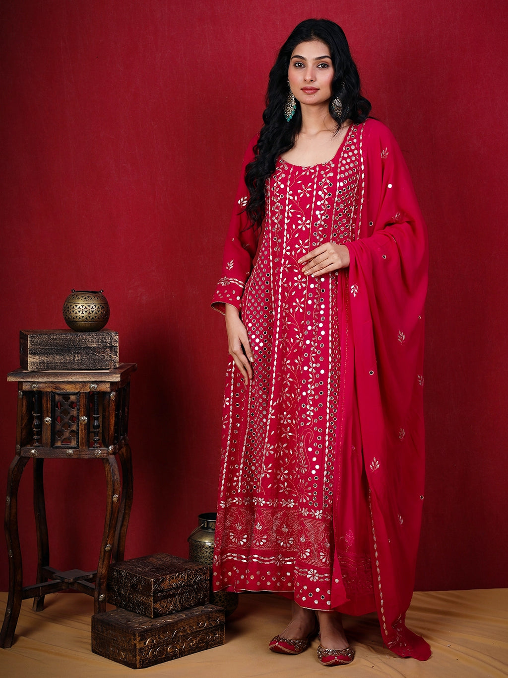 Red Sufiya Viscose Chikankari Anarkali with Dupatta