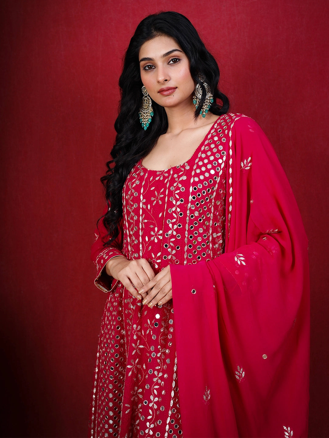 Red Sufiya Viscose Chikankari Anarkali with Dupatta