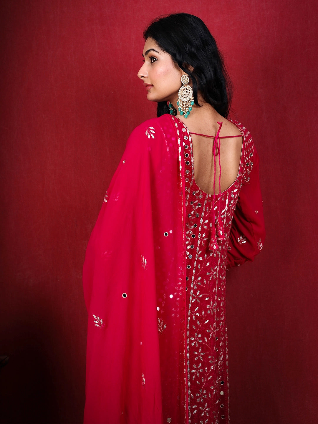 Red Sufiya Viscose Chikankari Anarkali with Dupatta