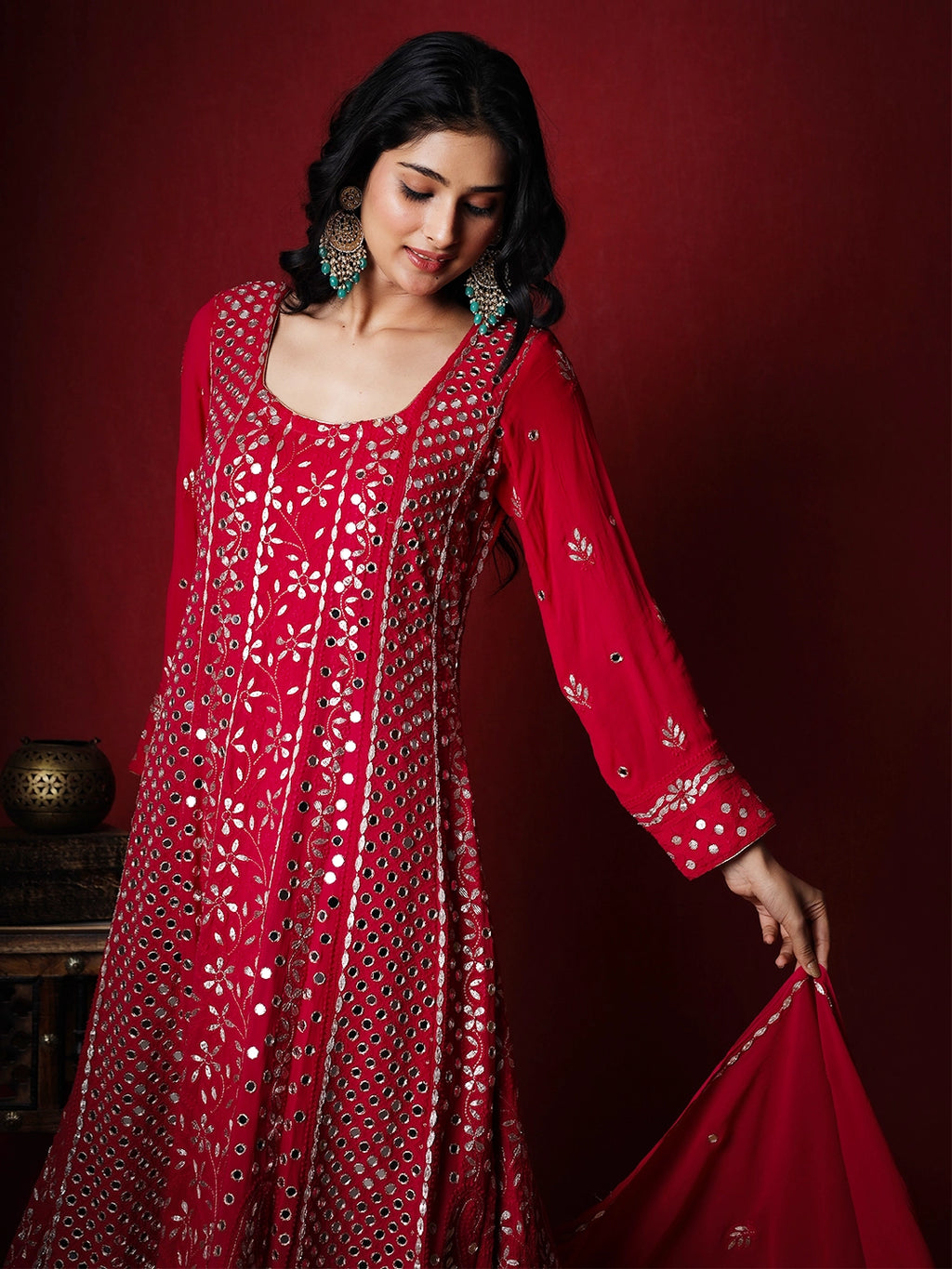 Red Sufiya Viscose Chikankari Anarkali with Dupatta
