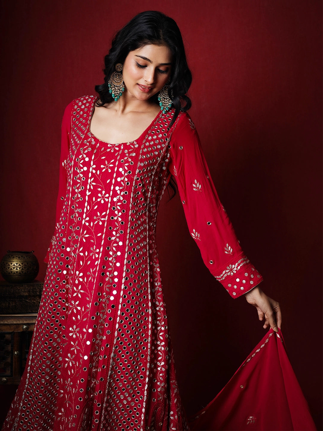 Red Sufiya Viscose Chikankari Anarkali with Dupatta