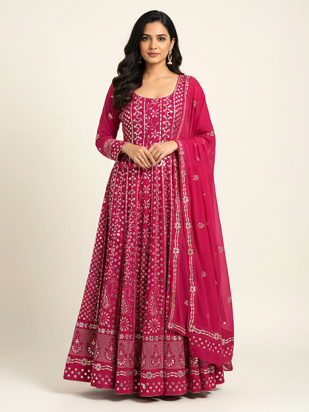 Rani Pink Sufiya Viscose Chikankari Anarkali With Dupatta