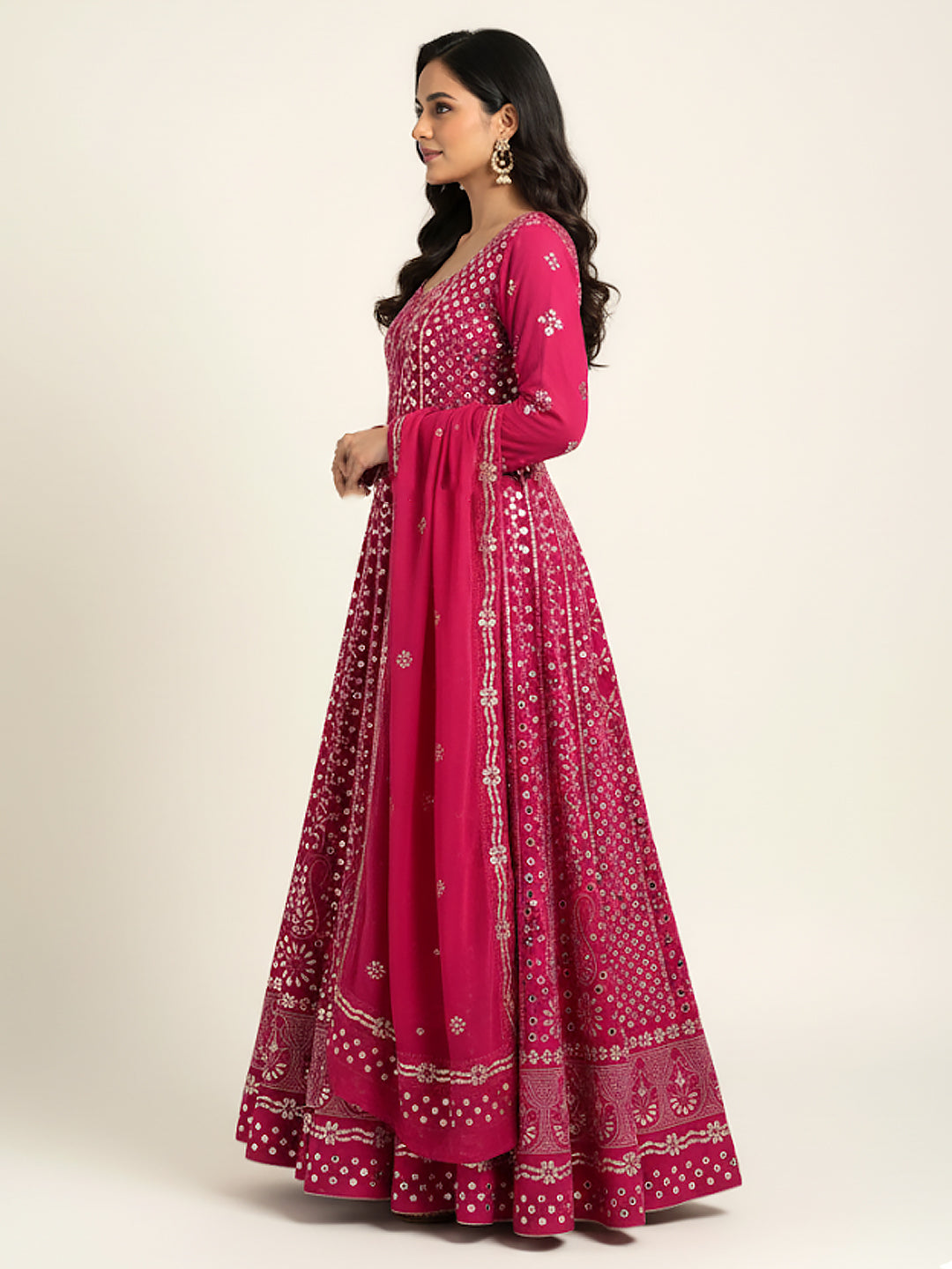 Rani Pink Sufiya Viscose Chikankari Anarkali With Dupatta