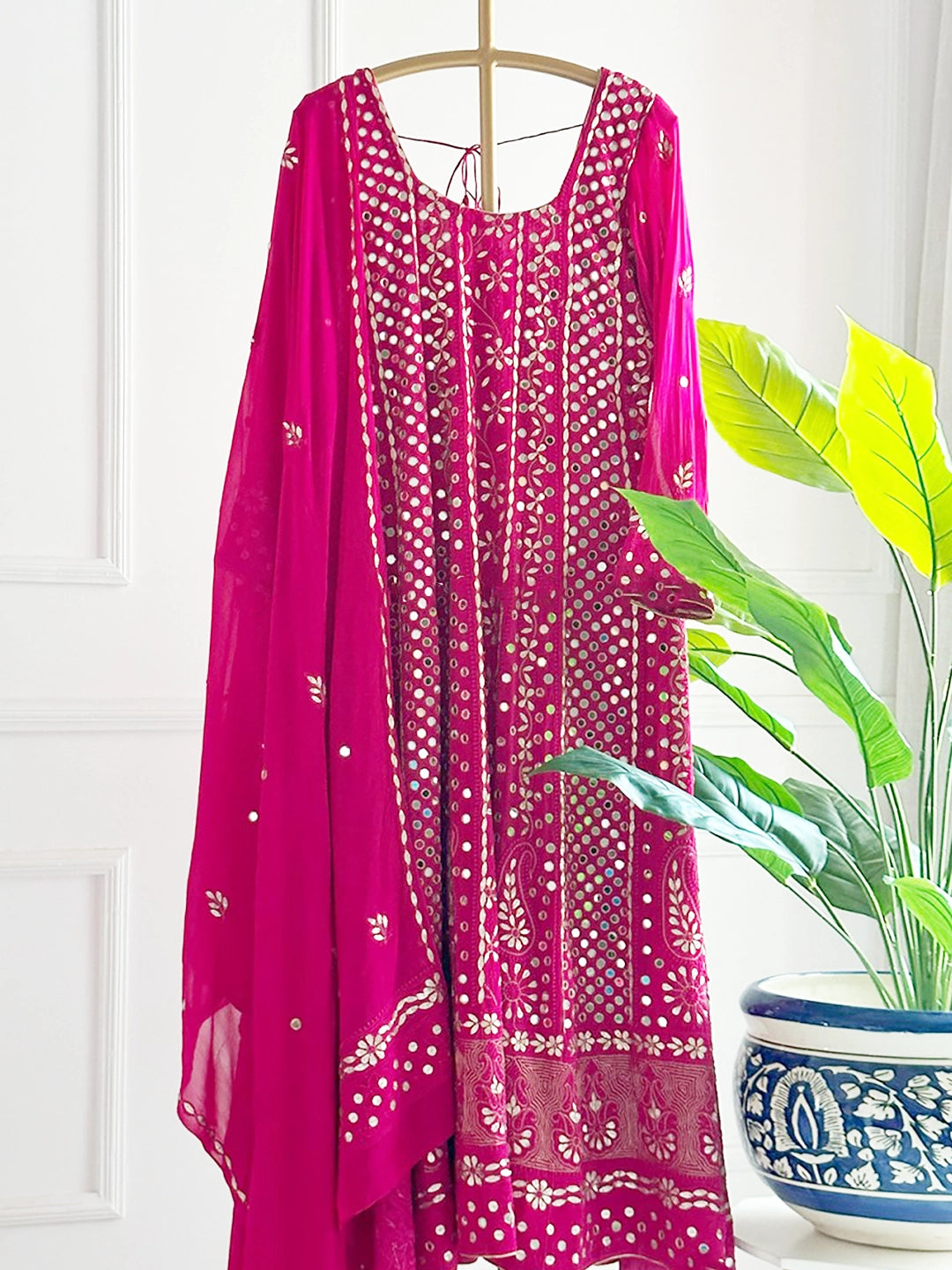 Rani Pink Sufiya Viscose Chikankari Anarkali With Dupatta