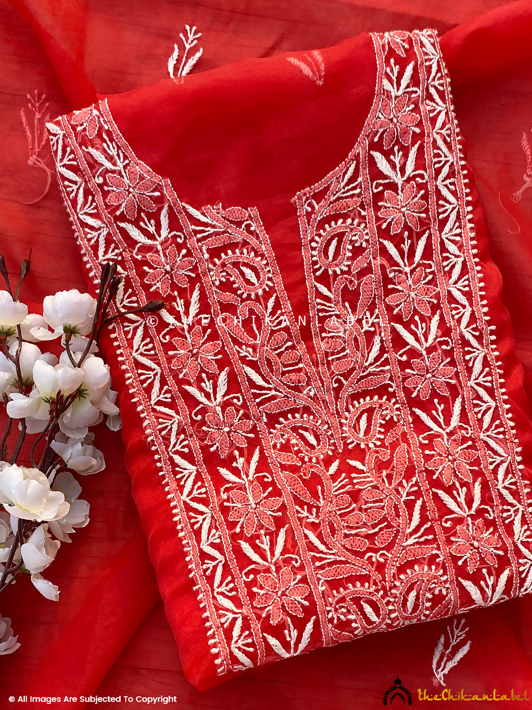 Red Un-stitched Semi Organza Chikankari Kurta Set with Dupatta, Red Un-stitched Suit, Red Chikankari Kurti Palazzo Set with Dupatta3