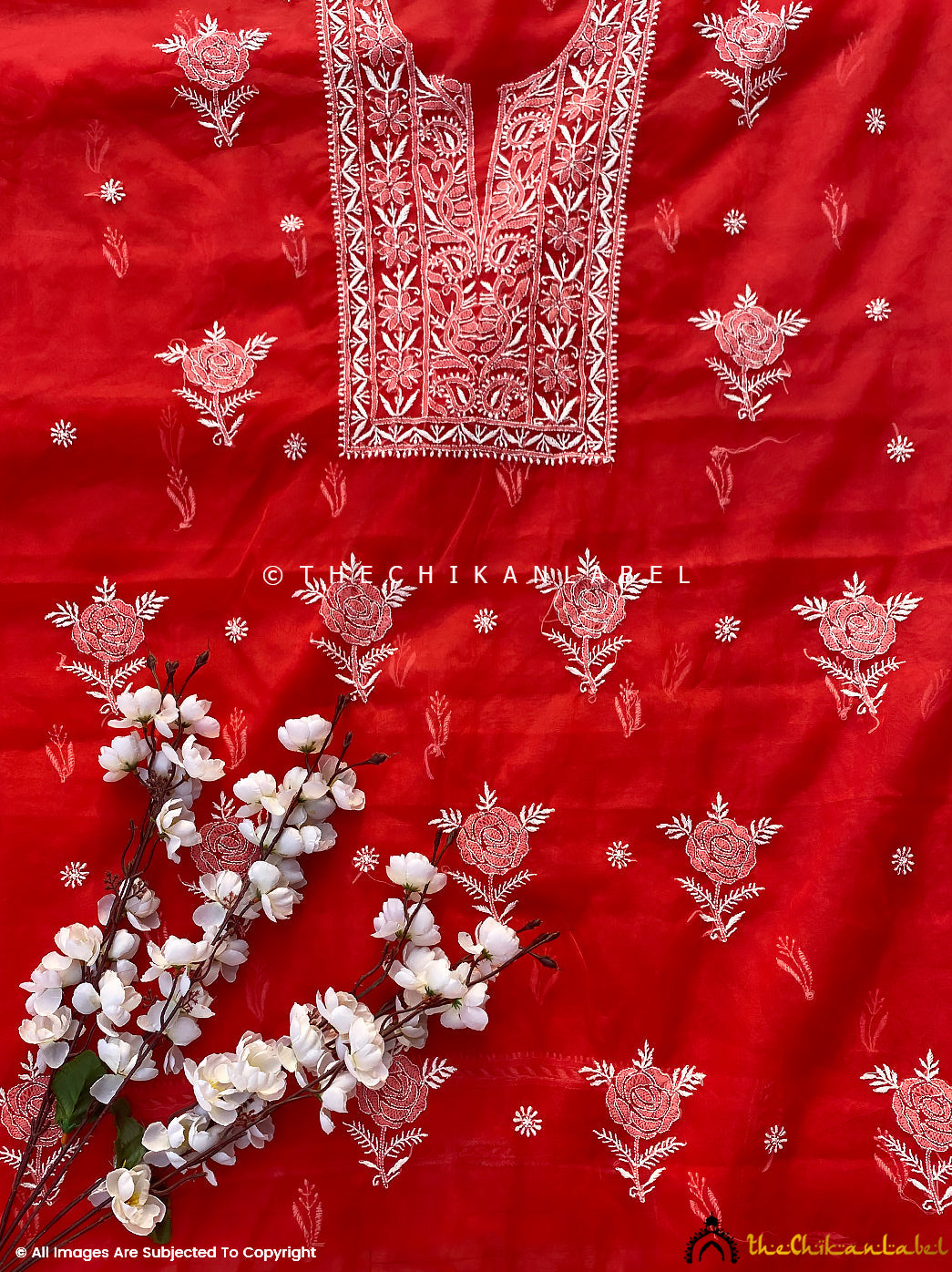 Red Un-stitched Semi Organza Chikankari Kurta Set with Dupatta, Red Un-stitched Suit, Red Chikankari Kurti Palazzo Set with Dupatta2