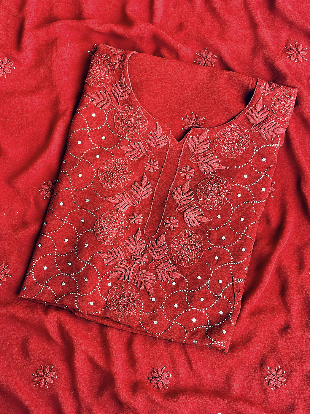 Red Viscose Chikankari Un-Stitched Kurti Piece with Dupatta