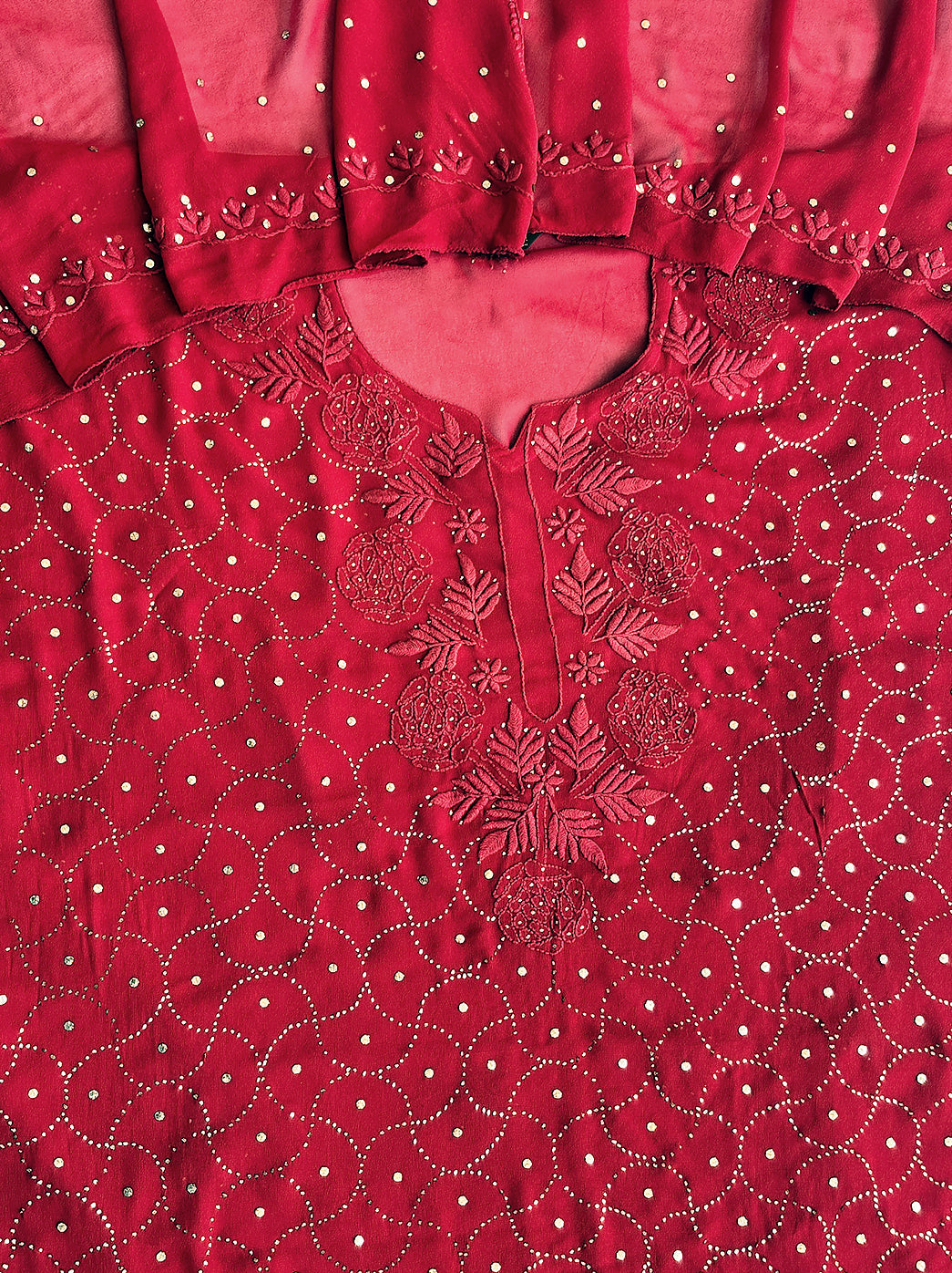 Red Viscose Chikankari Un-Stitched Kurti Piece with Dupatta