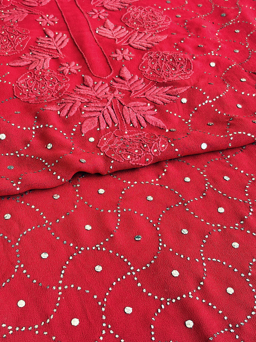 Red Viscose Chikankari Un-Stitched Kurti Piece with Dupatta
