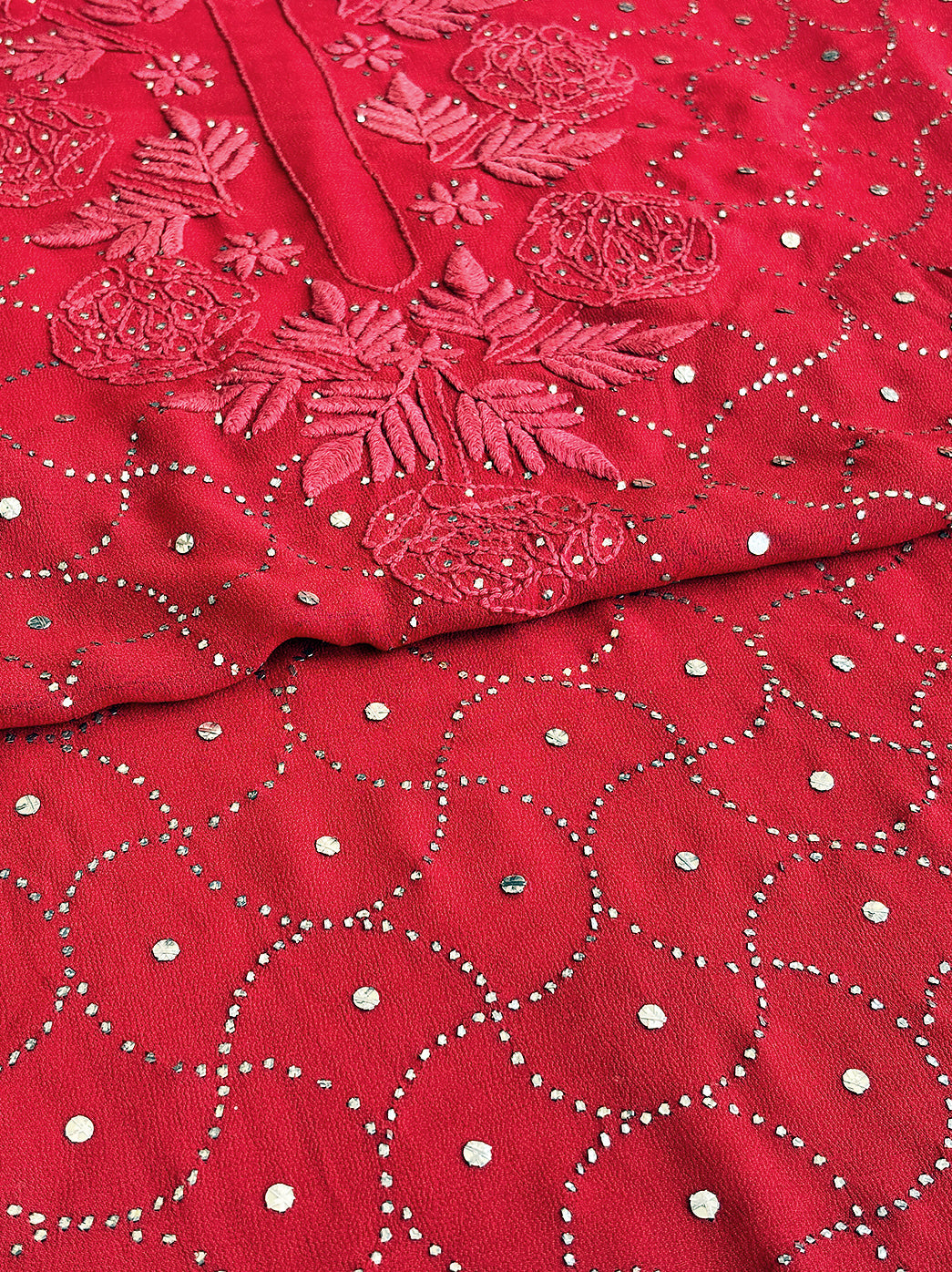Red Viscose Chikankari Un-Stitched Kurti Piece with Dupatta