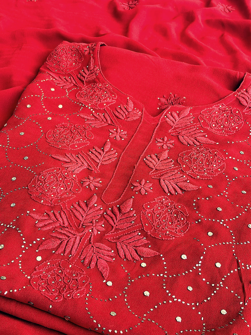Red Viscose Chikankari Un-Stitched Kurti Piece with Dupatta