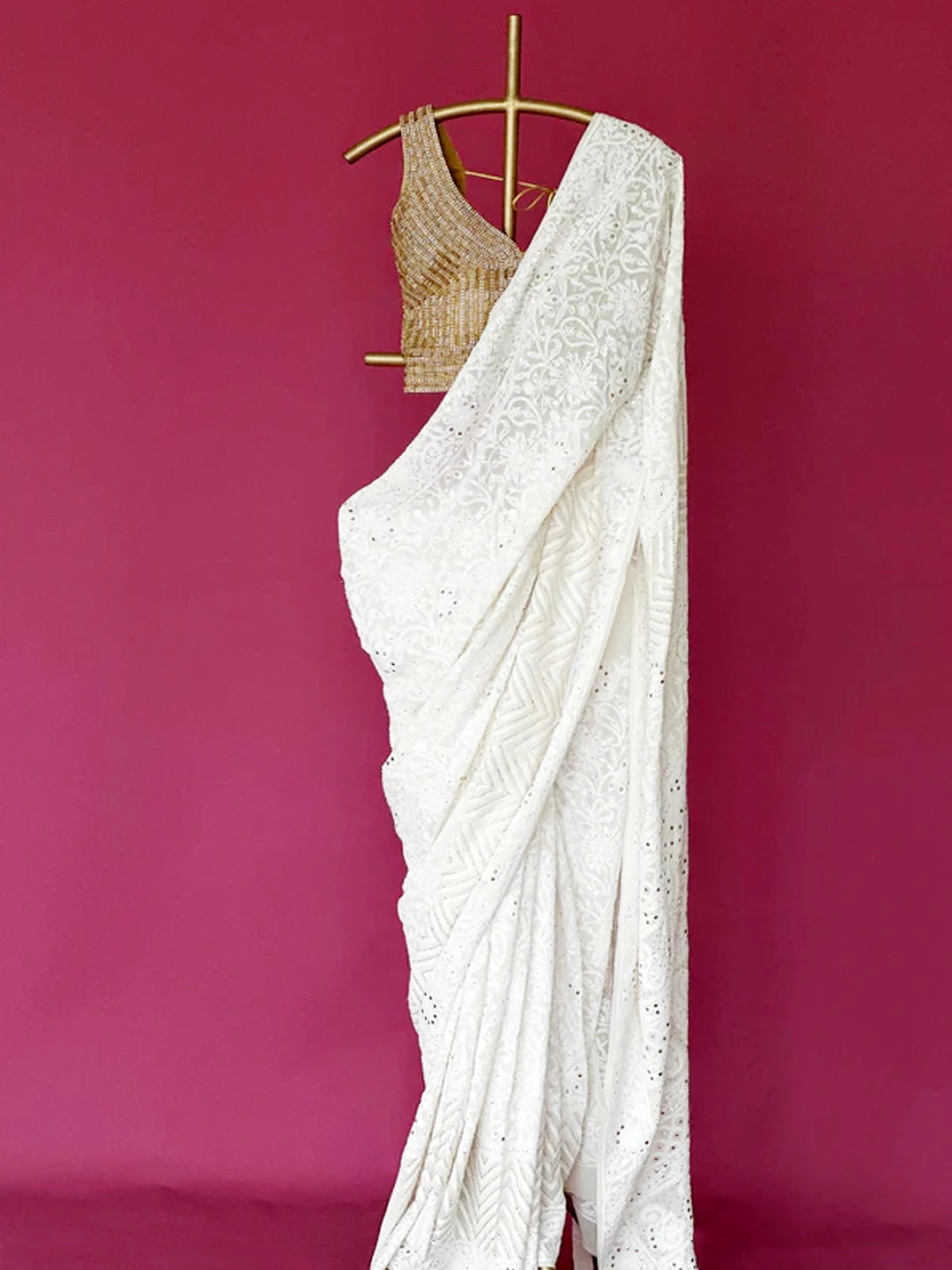 White Rishima Pure Georgette Chikankari Saree with All Over Mukaish Wo ...