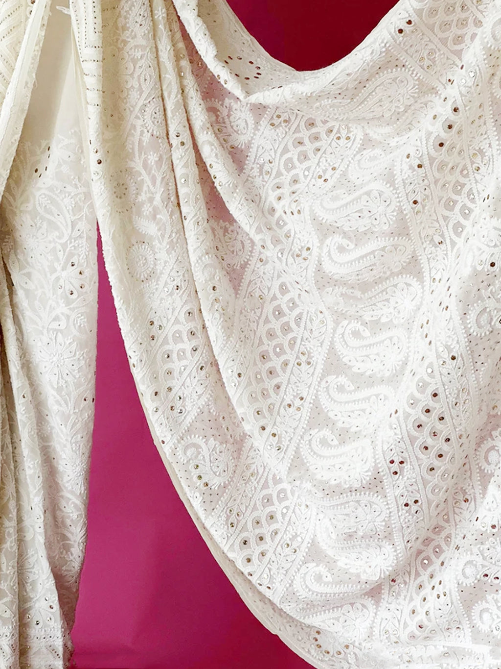 White Rishima Pure Georgette Chikankari Saree with All Over Mukaish Work