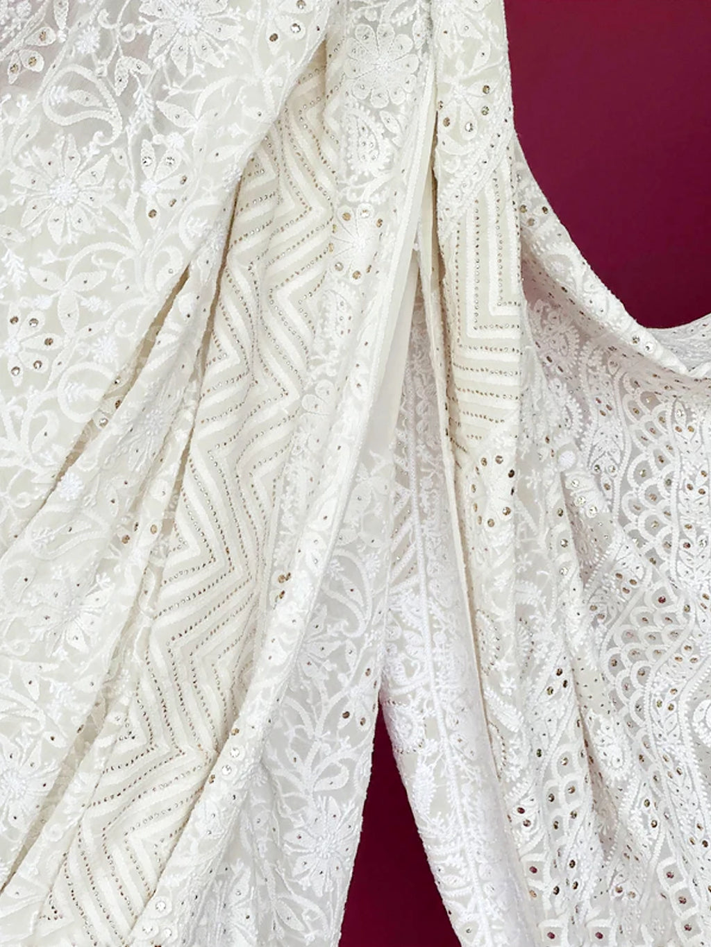 White Rishima Pure Georgette Chikankari Saree with All Over Mukaish Work