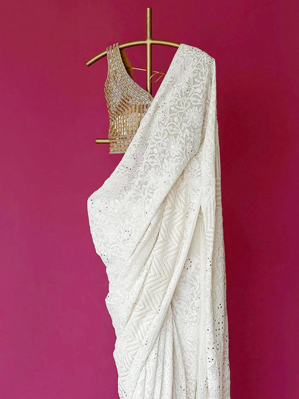 White Rishima Pure Georgette Chikankari Saree with All Over Mukaish Work