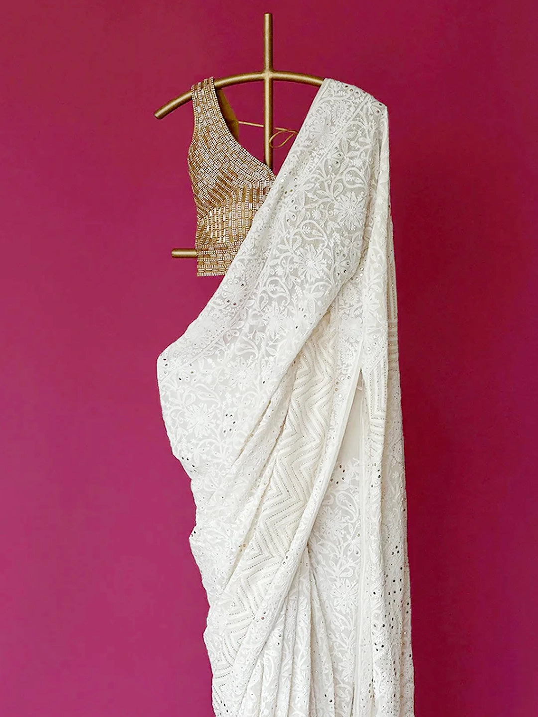 White Rishima Pure Georgette Chikankari Saree with All Over Mukaish Work