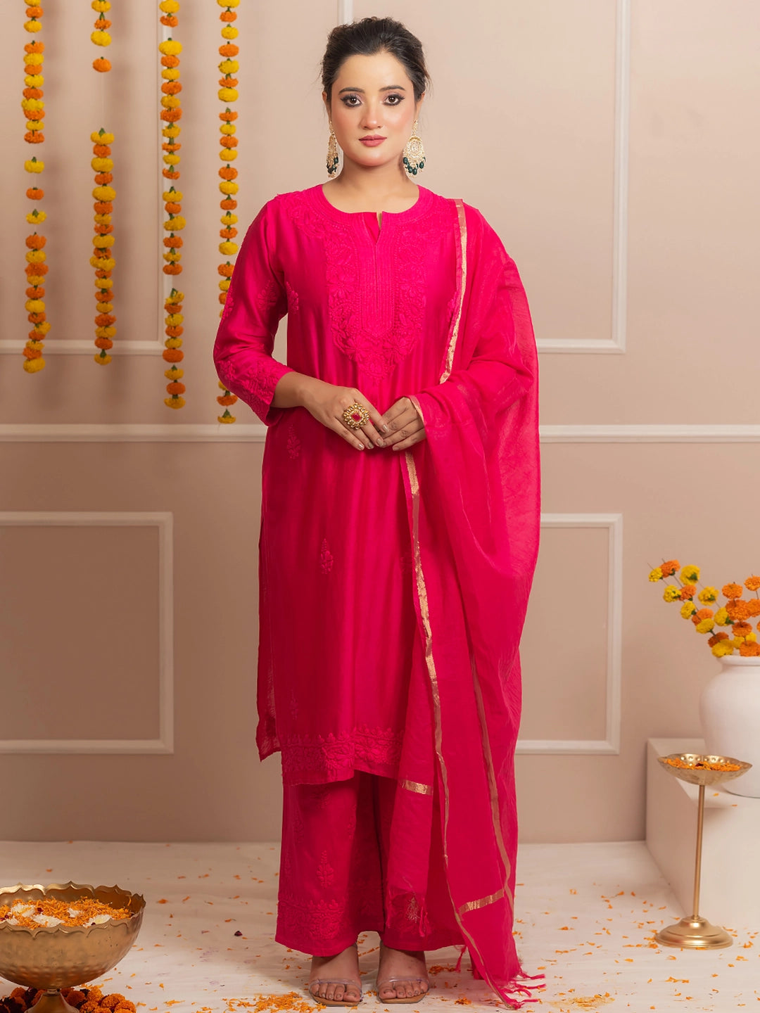 Hot Pink Riwaayat Chanderi Chikankari Kurta Set
