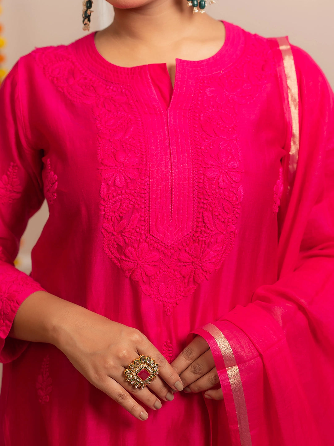 Hot Pink Riwaayat Chanderi Chikankari Kurta Set