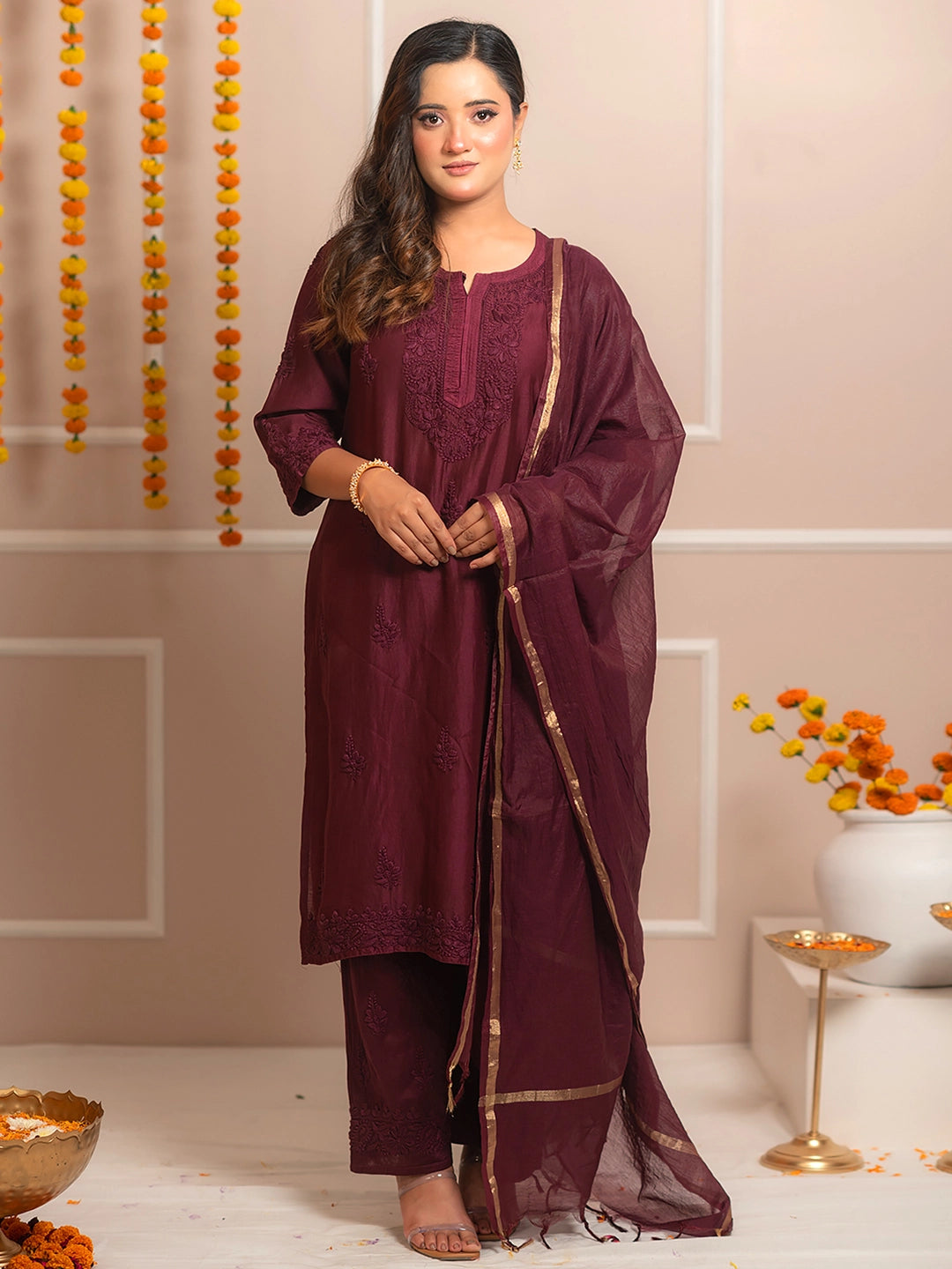 Wine Riwaayat Chanderi Chikankari Kurta Set