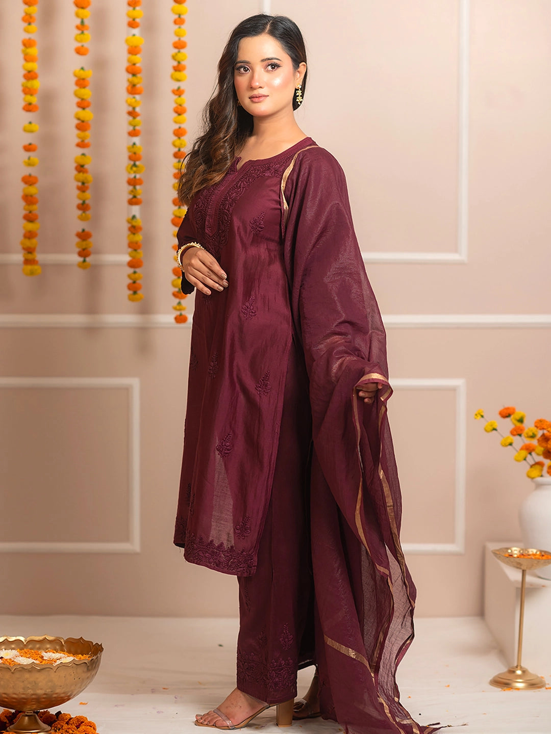 Wine Riwaayat Chanderi Chikankari Kurta Set
