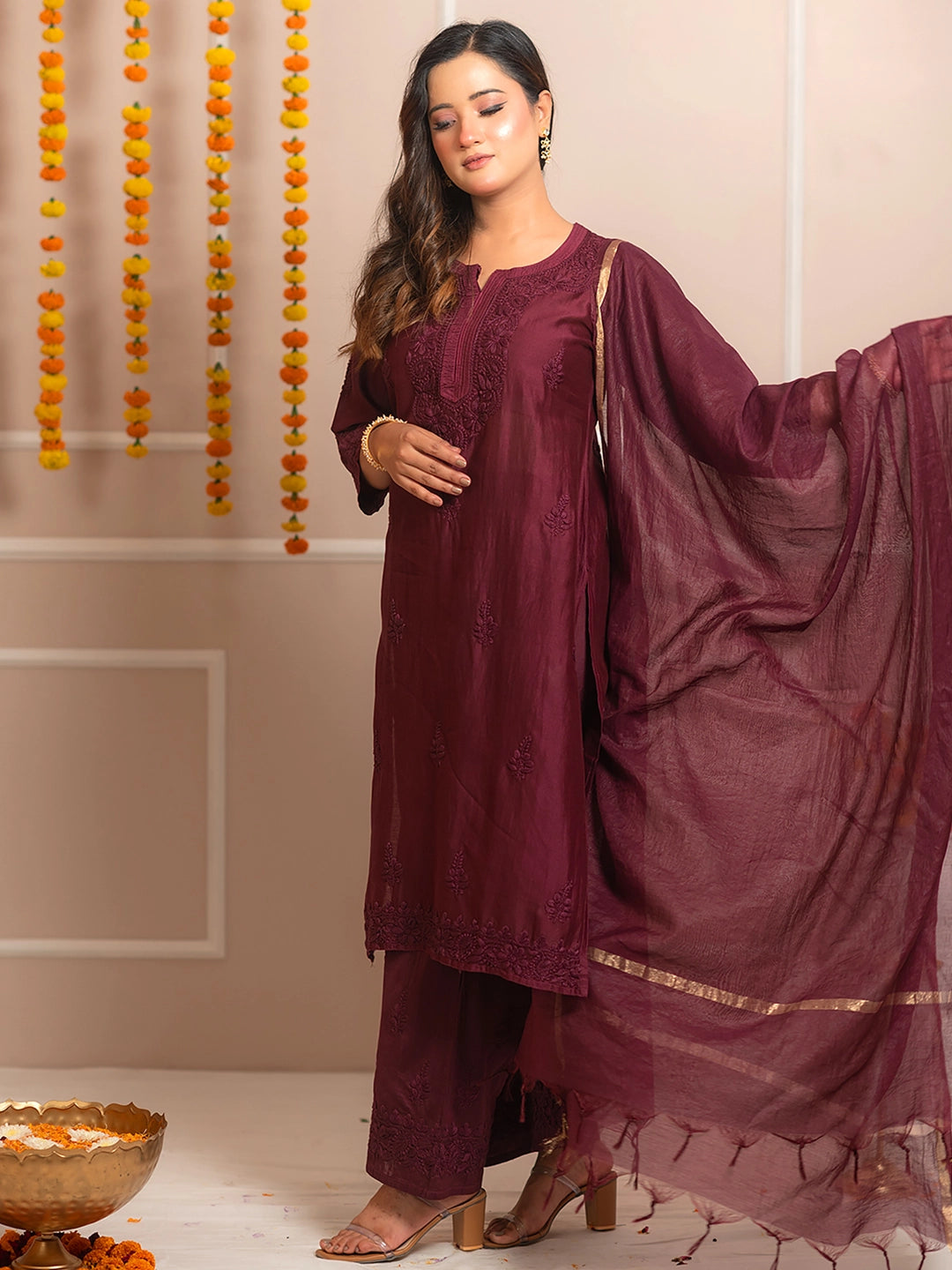 Wine Riwaayat Chanderi Chikankari Kurta Set